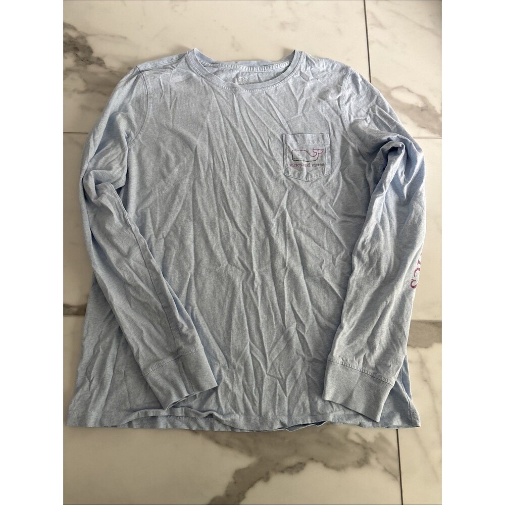 Vineyard Vines 100% Cotton Light Blue Long Sleeve Pocket Graphic Tee Womens Med